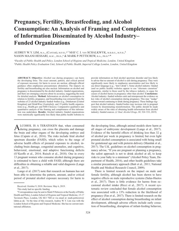 Pregnancy, Fertility, Breastfeeding, and Alcohol Consumption: An Analysis of Framing and Completeness of Information Dis
