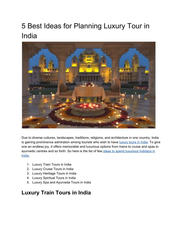 5 Best Ideas for Planning Luxury Tour in India