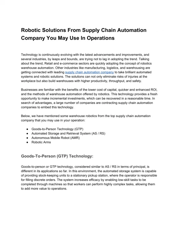 Robotic Solutions From Supply Chain Automation Company