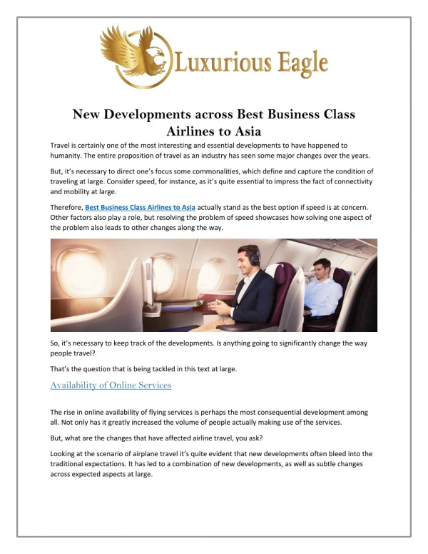 New Developments across Best Business Class Airlines to Asia