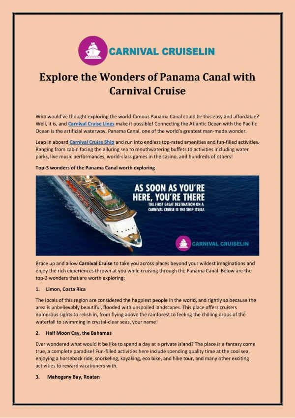 Explore the Wonders of Panama Canal with Carnival Cruise