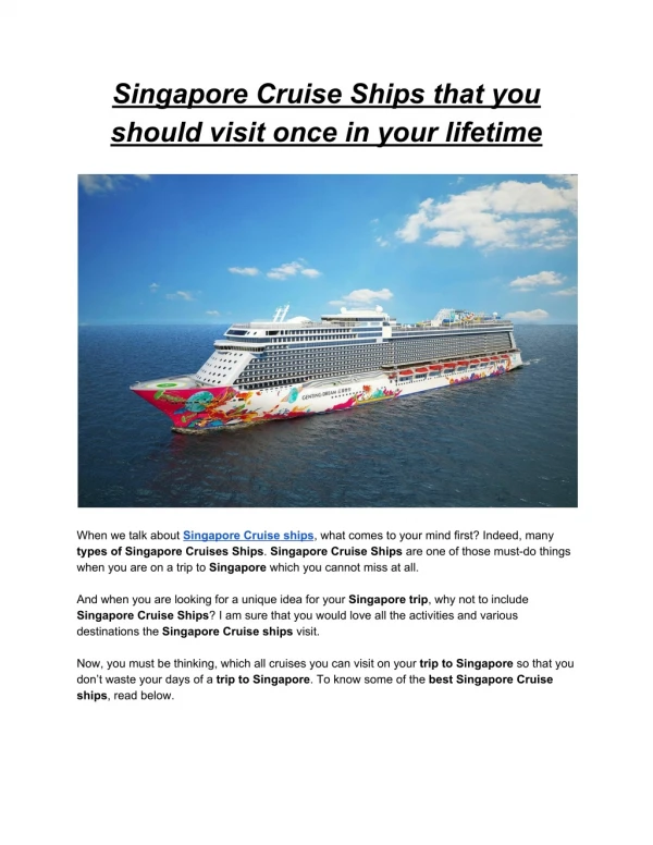 Singapore Cruise Ships which you must Visit!