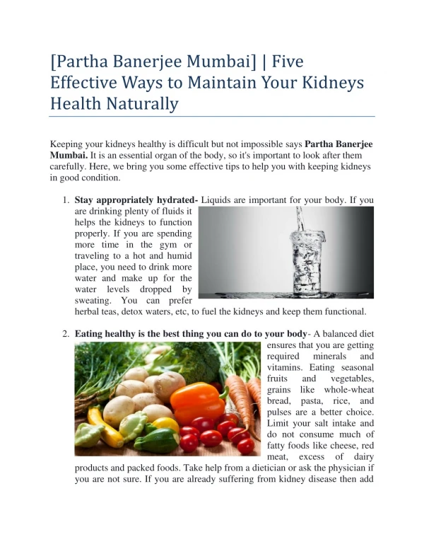 [Partha Banerjee Mumbai] | Five Effective Ways to Maintain Your Kidneys Health Naturally