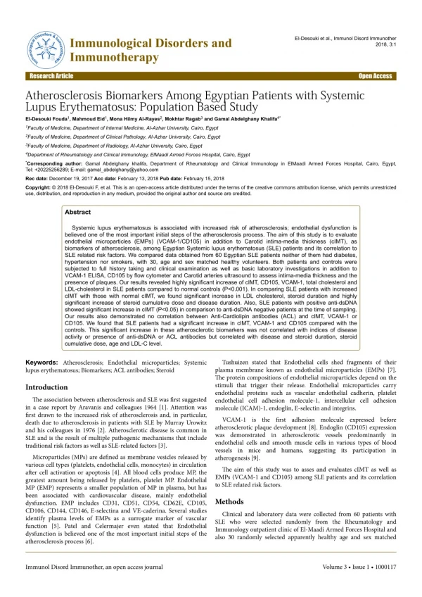 Atherosclerosis Biomarkers Among Egyptian Patients with Systemic Lupus Erythematosus: Population Based Study