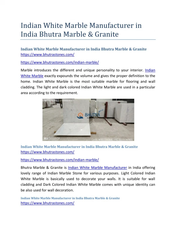 Indian White Marble Manufacturer in India Bhutra Marble & Granite