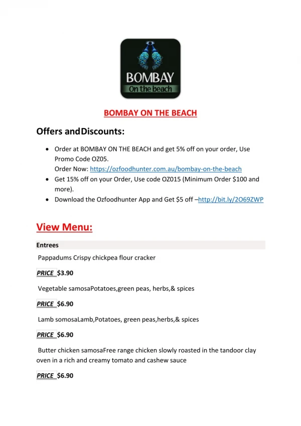 Bombay on the beach menu - Indian food delivery and takeaway Blackmans bay, TAS