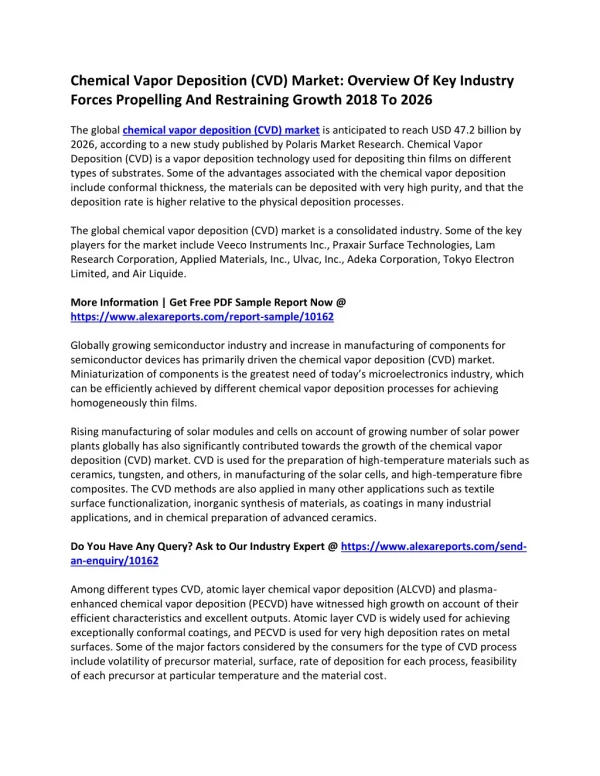 Chemical Vapor Deposition (CVD) Market: Overview Of Key Industry Forces Propelling And Restraining Growth 2018 To 2026