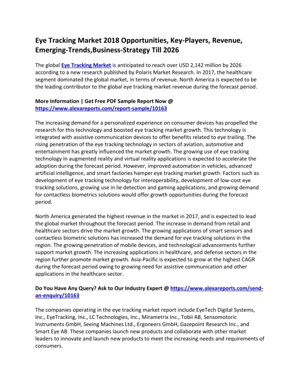 Eye Tracking Market 2018 Opportunities, Key-Players, Revenue, Emerging-Trends,Business-Strategy Till 2026