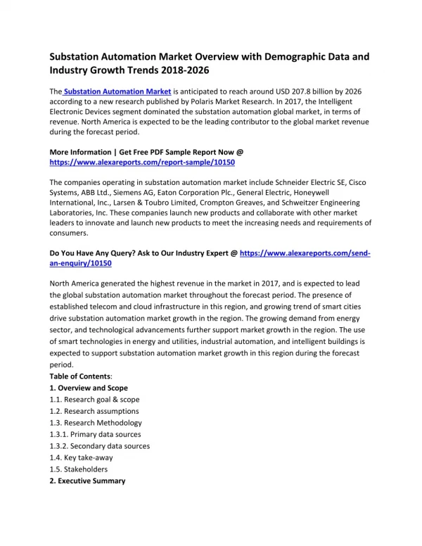 Substation Automation Market Overview with Demographic Data and Industry Growth Trends 2018-2026