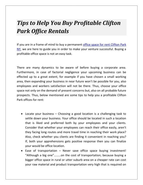 Tips to Help You Buy Profitable Clifton Park Office Rentals