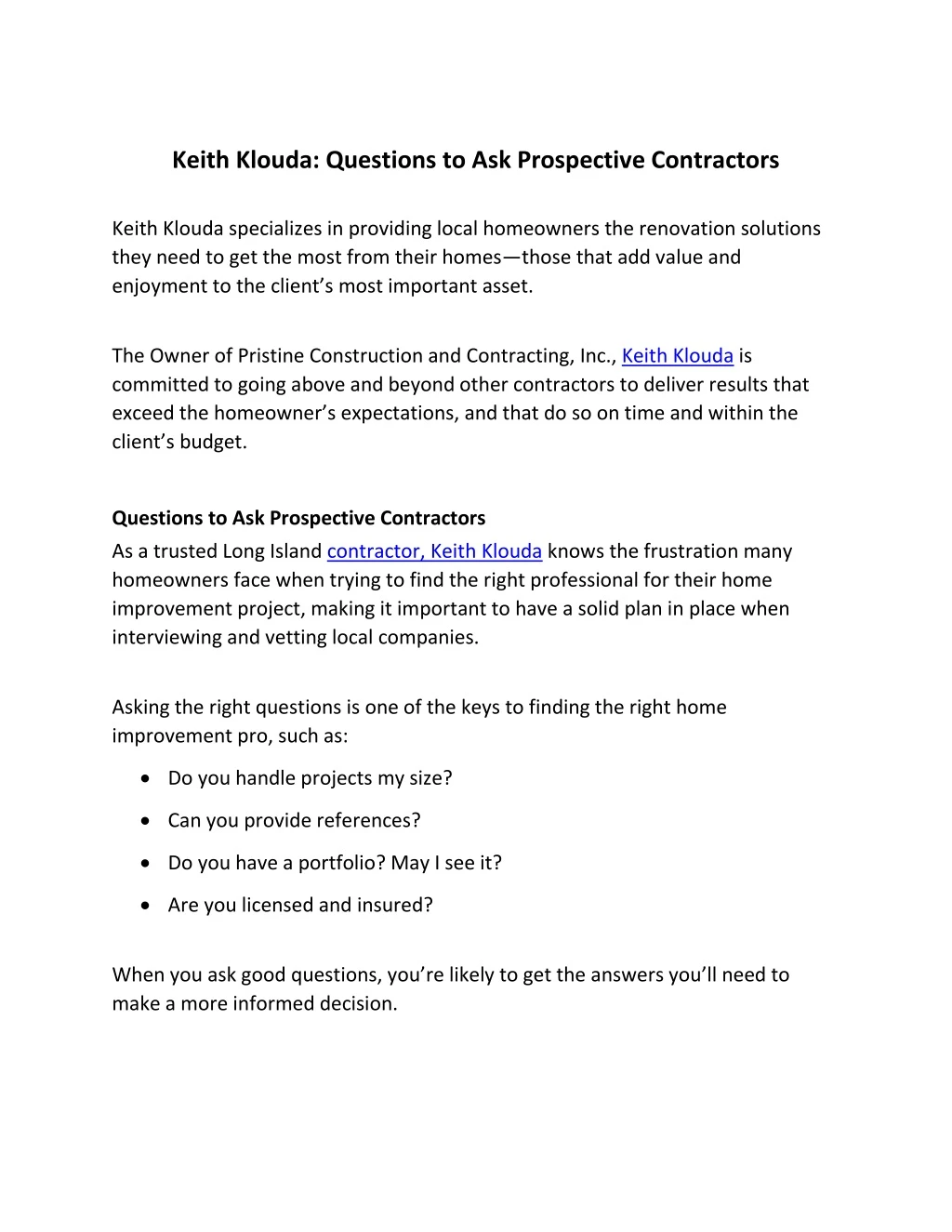 keith klouda questions to ask prospective