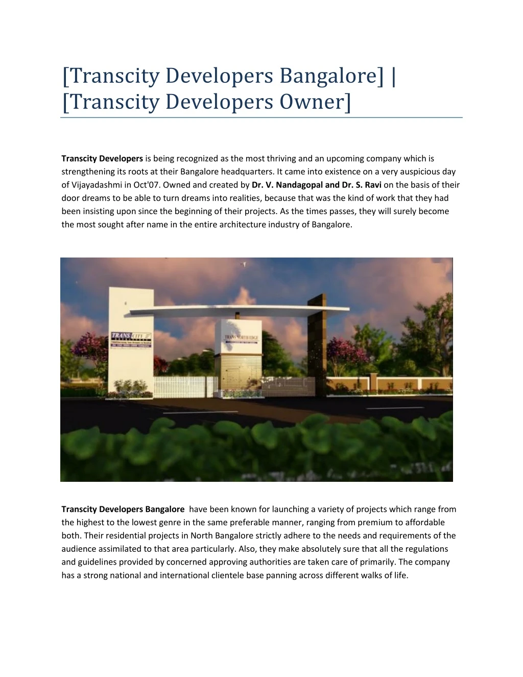 transcity developers bangalore transcity