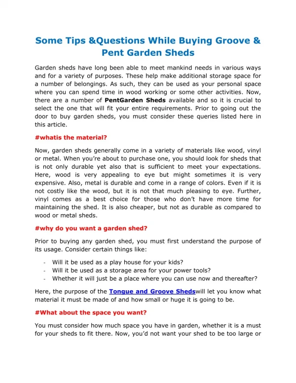 Some Tips &Questions While Buying Groove & Pent Garden Sheds