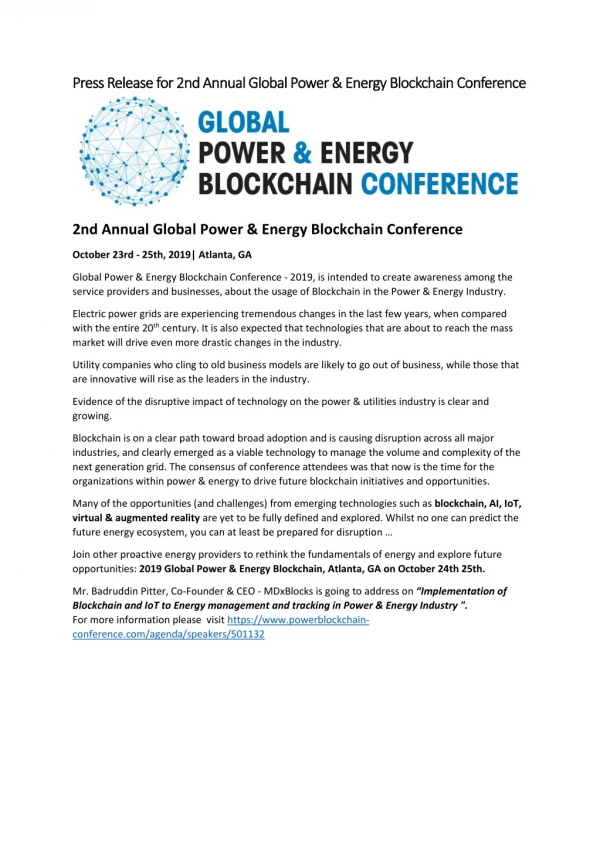 2nd Annual Global Power & Energy Blockchain Conference