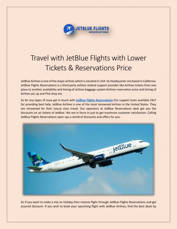 JetBlue Flights Reservations Book And Grab 40 % Discount