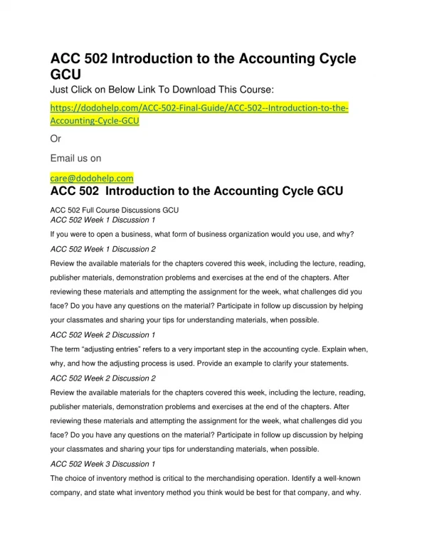 ACC 502 Introduction to the Accounting Cycle GCU