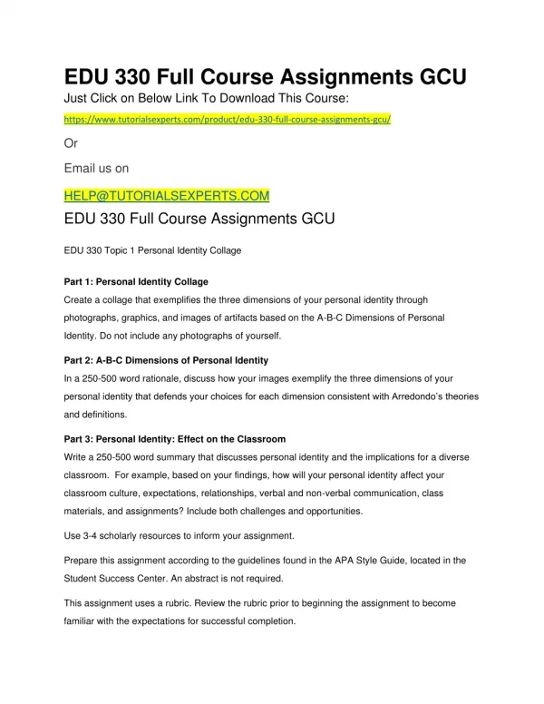 EDU 330 Full Course Assignments GCU