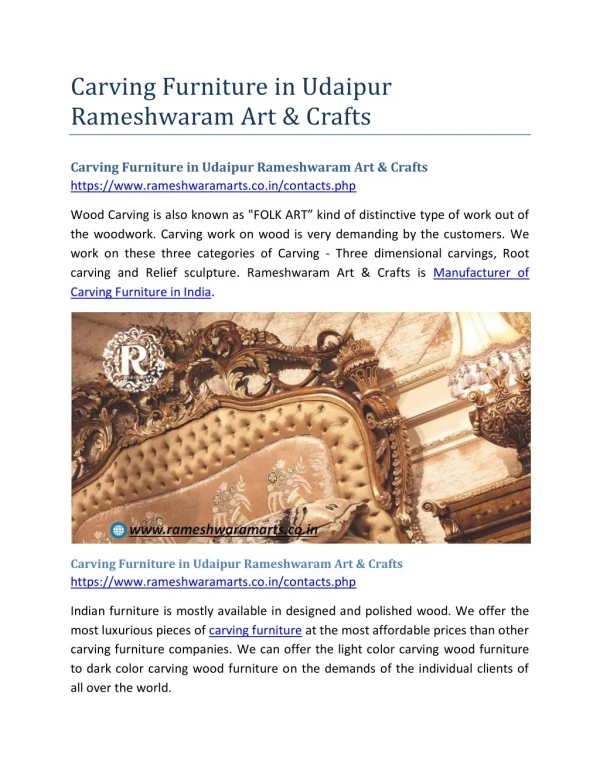 Carving Furniture in Udaipur Rameshwaram Art & Crafts