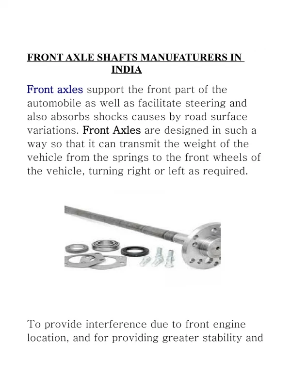 FRONT AXLE SHAFTS MANUFATURERS IN INDIA