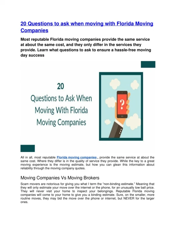 20 Questions to ask when moving with Florida Moving Companies