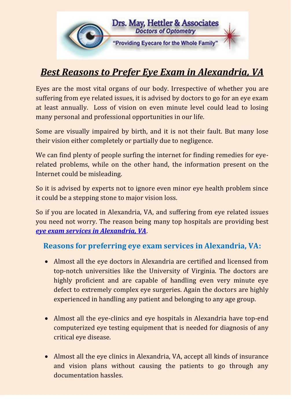 best reasons to prefer eye exam in alexandria va