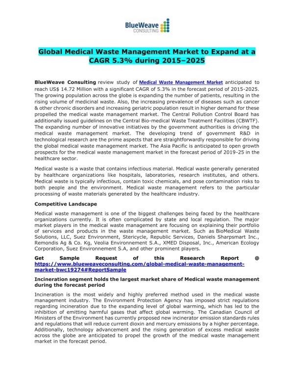 Global Medical Waste Management Market 2019 Share, Trend, Segmentation and Forecast to 2025