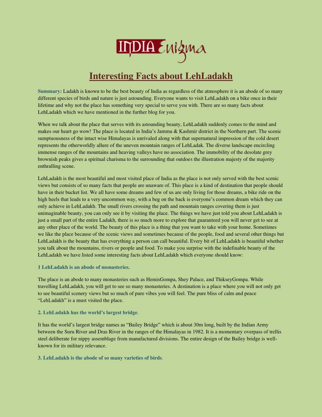 interesting facts about lehladakh