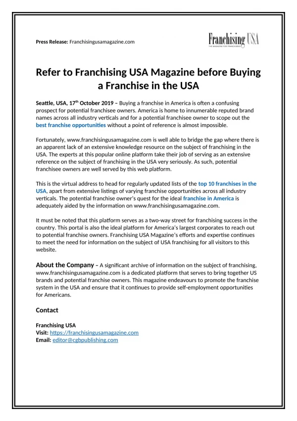 Refer to Franchising USA Magazine before buying a franchise in the USA