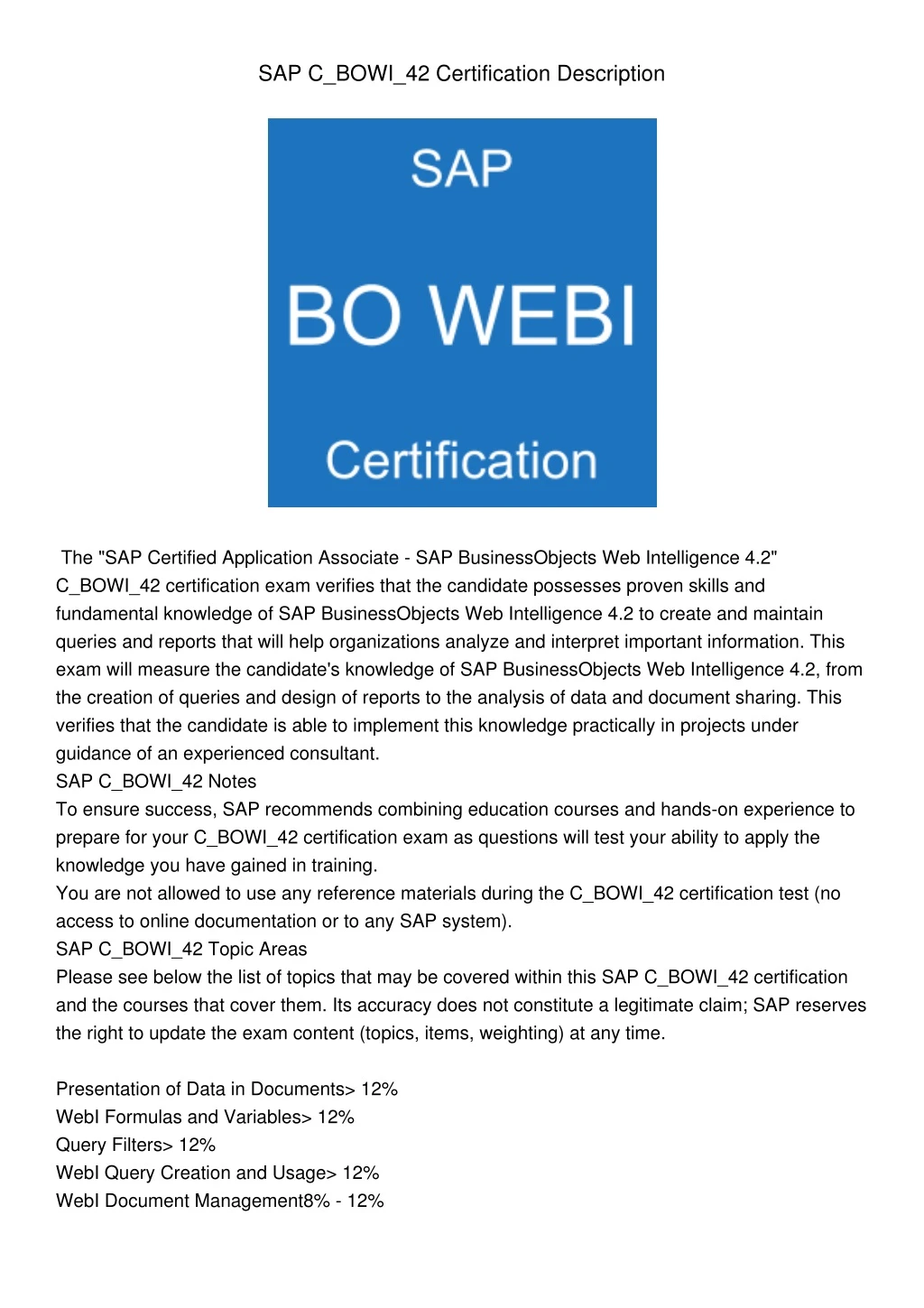 sap c bowi 42 certification description