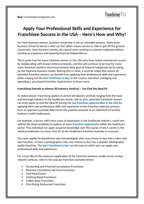 Apply Your Professional Skills and Experience for Franchisee Success in the USA – Here's How and Why!