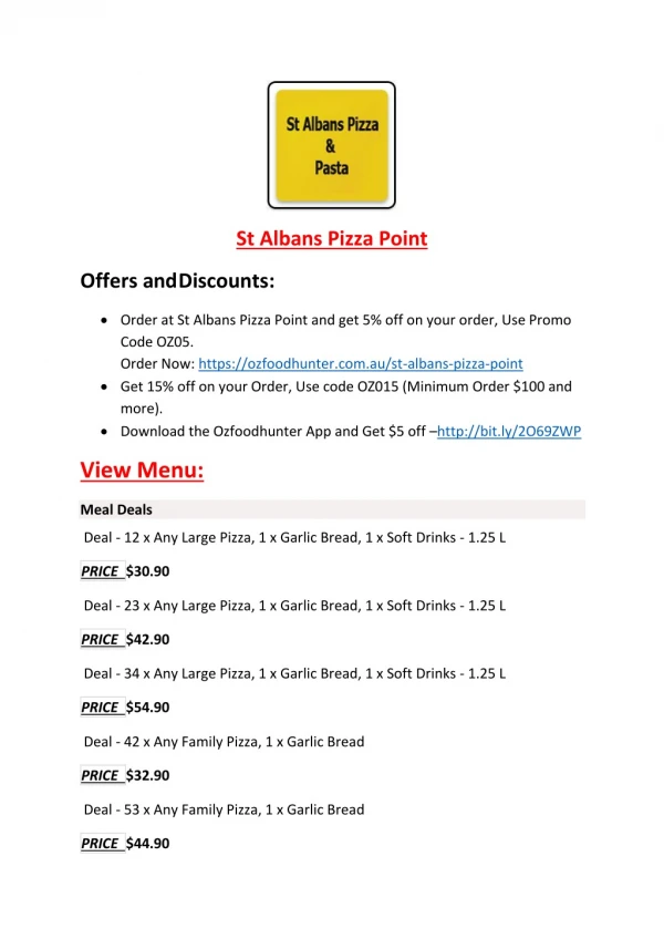 St Albans Pizza Point menu - Pizza delivery Restaurant St Albans, VIC