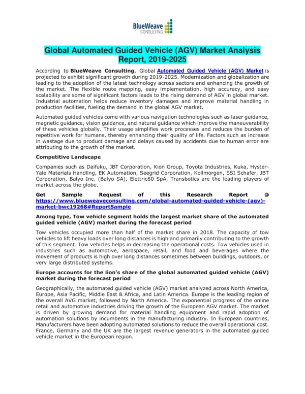 Automated Guided Vehicle Market Share by Manufacturers and Forecast till the end 2025