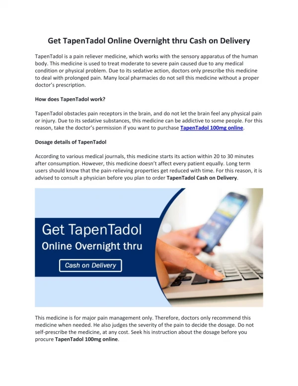 Get TapenTadol Online Overnight thru Cash on Delivery