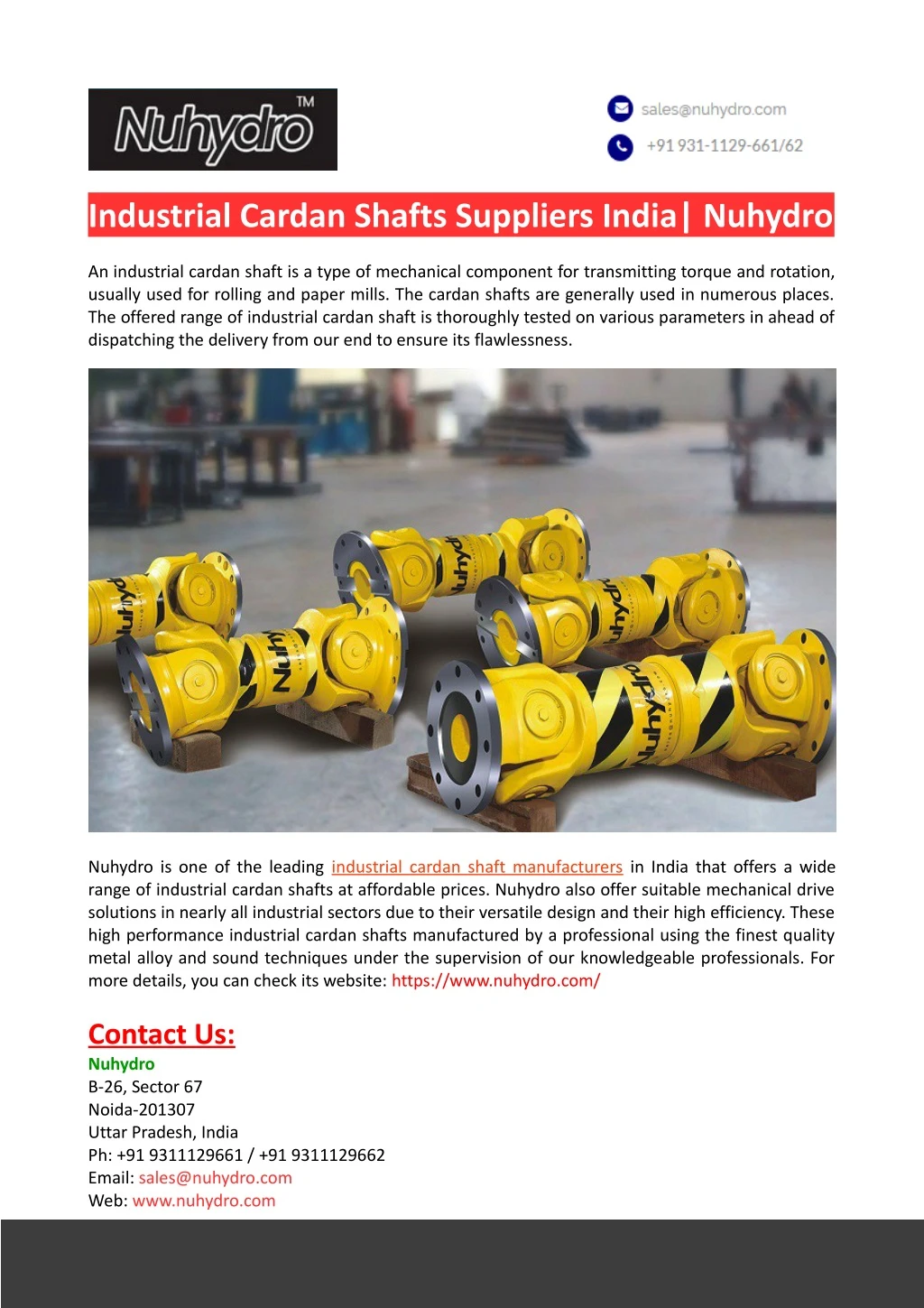 industrial cardan shafts suppliers india nuhydro