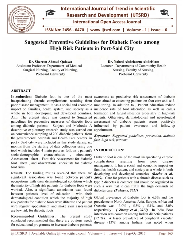 Suggested Preventive Guidelines for Diabetic Foots among High Risk Patients in Port Said City