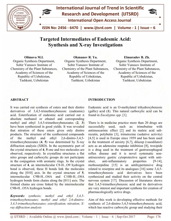 Targeted Intermediates of Eudesmic Acid Synthesis and X ray Investigations