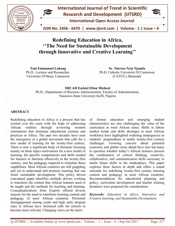 Redefining Education"The Need through Innovative in Africa, for Sustainable Development hrough and Creative Learning''