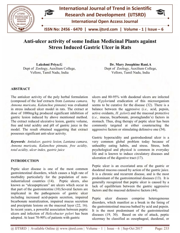 Anti ulcer activity of some Indian Medicinal Plants against Stress Induced Gastric Ulcer in Rats