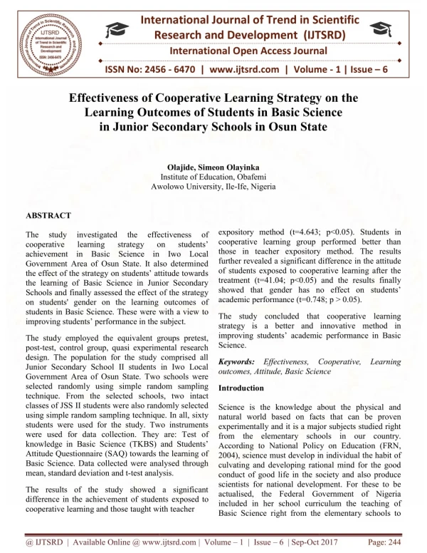 Effectiveness of Cooperative Learning Strategy on the Learning Outcomes of Students in Basic Science in Junior Secondary