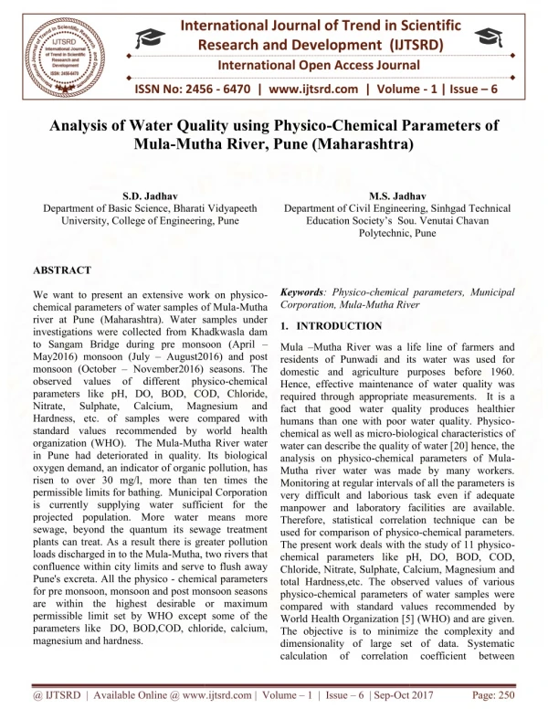 Analysis of Water Quality Using Physico chemical Parameters of Mula Mutha River, Pune Maharashtra