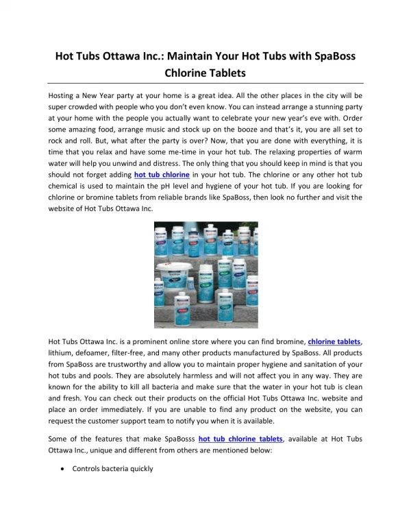 Hot Tubs Ottawa Inc.: Maintain Your Hot Tubs with SpaBoss Chlorine Tablets