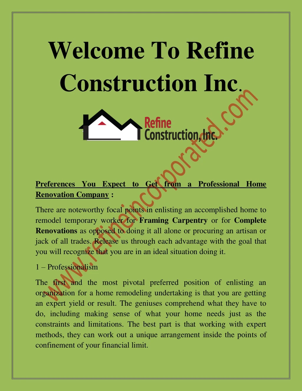 welcome to refine construction inc