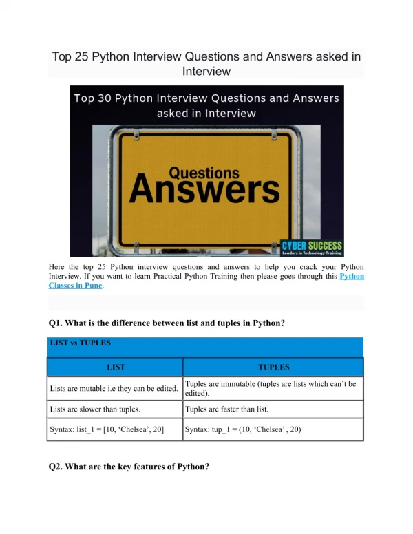 Top 25 Python Interview Questions and Answers asked in Interview