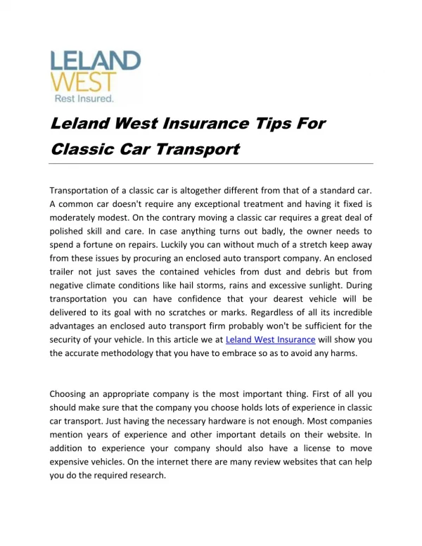 Leland West Insurance Tips For Classic Car Transport
