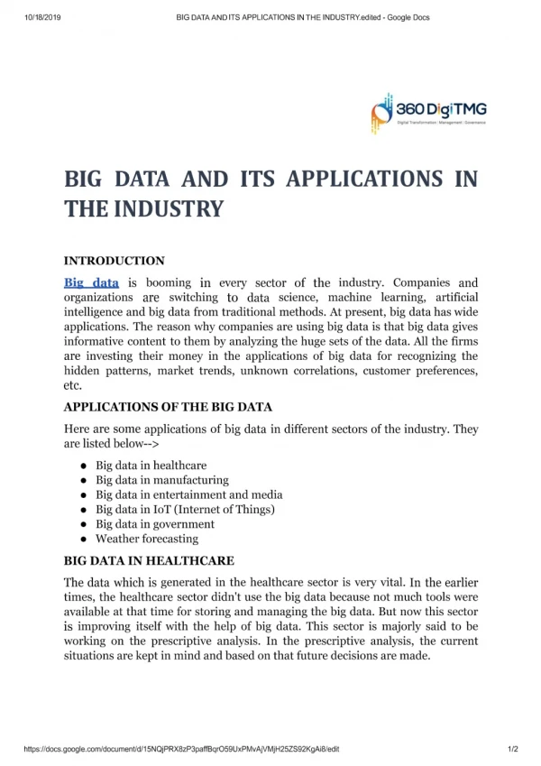 BIG DATA AND ITS APPLICATIONS IN THE INDUSTRY