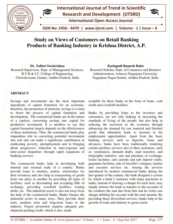 Study on Views of Customers on Retail Banking Products of Banking Industry in Krishna District, A.P.