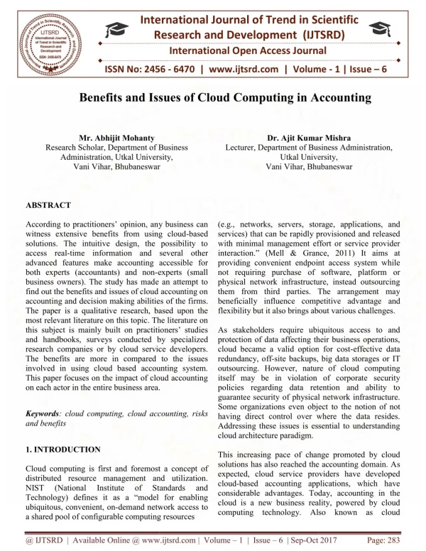 Benefits and Issues of Cloud Computing in Accounting