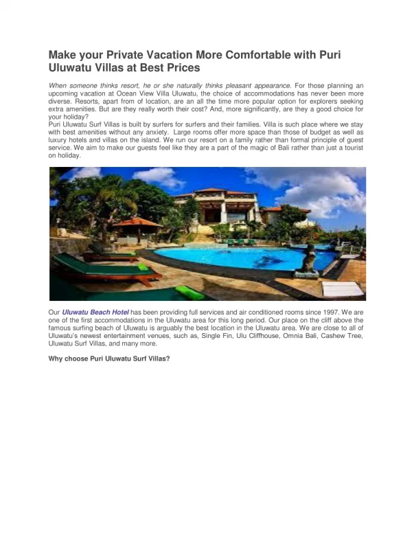 Make your Private Vacation More Comfortable with Puri Uluwatu Villas at Best Prices