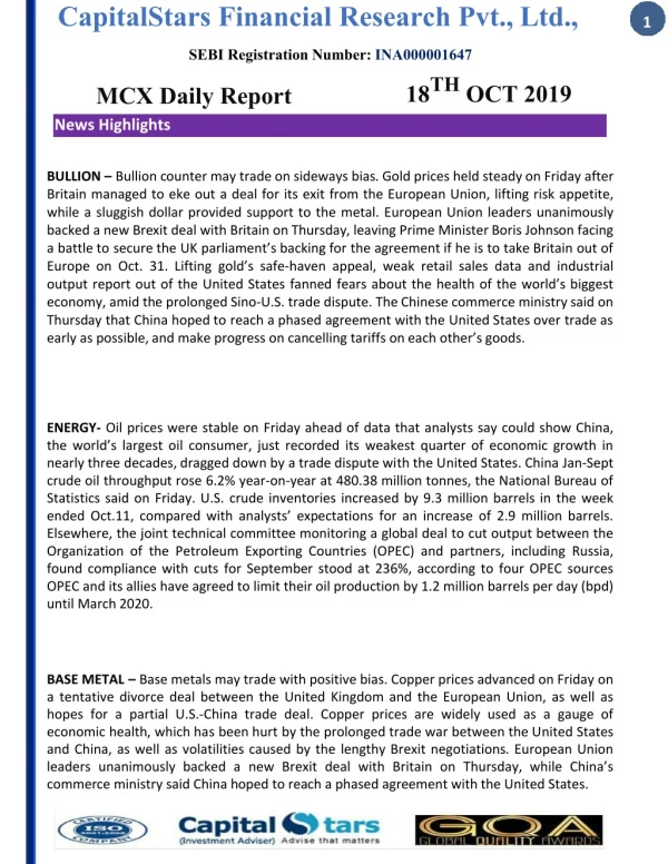 Mcx Daily Report 18 Oct 2019