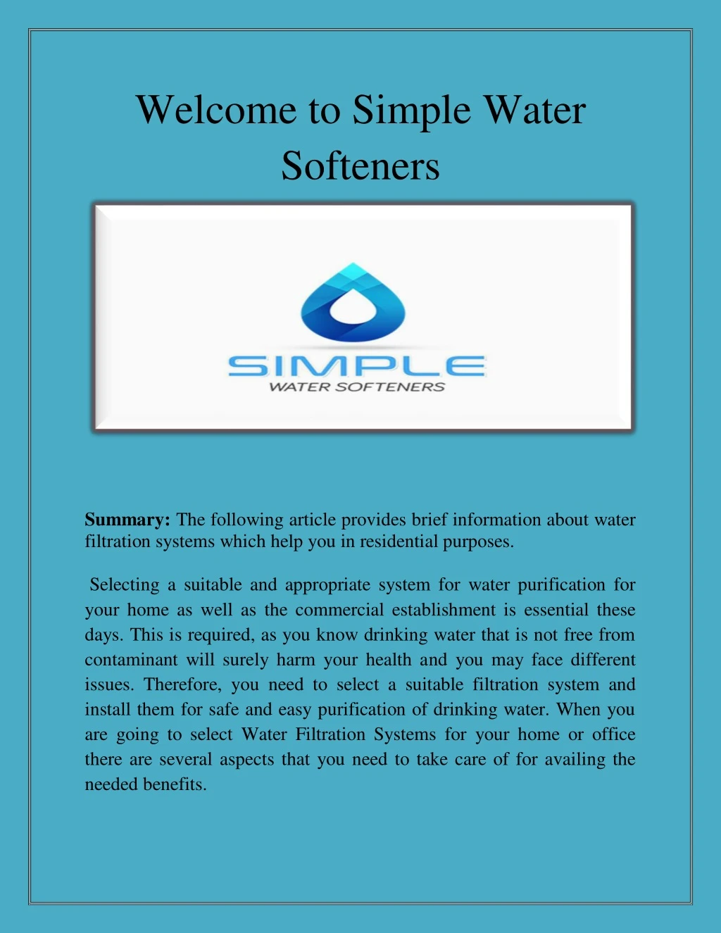 welcome to simple water softeners